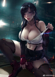  bare_shoulders belt black_hair black_skirt boots breasts brown_eyes cleavage collarbone crop_top elbow_gloves elbow_pads factory female final_fantasy final_fantasy_vii final_fantasy_vii_remake fingerless_gloves gloves hair_over_one_eye industrial_pipe large_breasts lens_flare licking_lips long_hair looking_at_viewer navel no_bra open_mouth pencil_skirt red_footwear red_gloves sitting skindentation skirt sleeveless solo strap_pull suspender_skirt suspenders tan tank_top tanlines thighhighs tifa_lockhart tongue tongue_out weibo_logo white_tank_top xixi_(xixihenlan_ing) 