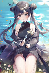  absurdres bad_id bad_pixiv_id black_coat black_dress black_hair blue_archive blue_flower blue_rose blue_sky breasts butterfly_hair_ornament china_dress chinese_clothes cloud cloudy_sky coat commentary_request double_bun dress eyes_visible_through_hair female field flower flower_field grey_eyes hair_between_eyes hair_bun hair_ornament halo highres holding holding_flower horizon kisaki_(blue_archive) long_hair long_sleeves looking_at_viewer muo_(muojjang_0929) open_clothes open_coat outdoors parted_bangs pelvic_curtain rose seiza side_slit sideboob sidelocks sitting sky sleeveless sleeveless_turtleneck_dress small_breasts solo twintails 