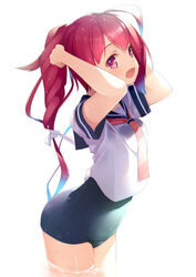  arms_behind_head arms_up blue_sailor_collar commentary_request cowboy_shot female hair_ribbon i-168_(kancolle) kantai_collection long_hair mofu_namako neckerchief open_mouth pink_neckerchief ponytail red_eyes red_hair ribbon sailor_collar sailor_shirt school_swimsuit school_uniform serafuku shirt simple_background solo swimsuit swimsuit_under_clothes white_background 