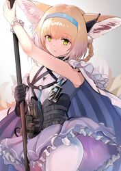  absurdres animal_ears arknights black_gloves blonde_hair blue_dress blue_hairband commentary_request dress earpiece female fox_ears fox_tail frilled_dress frills gloves green_eyes hair_rings hairband highres holding holding_staff id_card infection_monitor_(arknights) lanyard long_hair looking_at_viewer material_growth multiple_tails oripathy_lesion_(arknights) pantyhose single_glove single_wrist_cuff sleeveless sleeveless_dress solo staff suzuran_(arknights) tail take_(trude1945oneetyan) white_pantyhose wrist_cuffs 