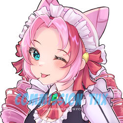  alternate_hair_color artist_name blush cafe_cuties_(league_of_legends) cafe_cuties_gwen commission cone_hair_bun female green_eyes grey_background gwen_(league_of_legends) hair_bun league_of_legends long_hair long_sleeves looking_at_viewer maid_headdress momikodayo neck_ribbon official_alternate_costume one_eye_closed parted_bangs pink_hair portrait red_hair red_ribbon ribbon simple_background solo tongue tongue_out watermark 