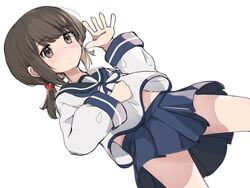  alternate_sleeve_length bad_id bad_twitter_id black_sailor_collar blue_ribbon blue_sailor_collar blue_skirt blush brown_eyes brown_hair closed_mouth cowboy_shot female fubuki_(kancolle) houjichaoic kantai_collection long_hair long_sleeves low_ponytail navel neck_ribbon pleated_skirt ponytail ribbon sailor_collar short_ponytail sidelocks simple_background skirt solo white_background 