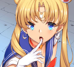  bishoujo_senshi_sailor_moon bishoujo_senshi_sailor_moon_s blonde_hair blue_eyes blue_sailor_collar breasts choker circlet cleavage commentary_request crescent crescent_earrings derivative_work earrings female finger_to_tongue gloves hair_ornament hair_over_shoulder heart heart_choker jewelry kaname_(melaninusa09) long_hair looking_at_viewer magical_girl meme open_mouth parted_bangs red_choker sailor_collar sailor_moon sailor_moon_redraw_challenge_(meme) sailor_senshi_uniform screenshot_redraw solo tongue tongue_out tsukino_usagi twintails upper_body white_gloves 