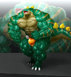  3_toes 4_fingers abs anthro biceps big_muscles biped bodily_fluids claws clothed clothing countershade_face countershade_neck countershade_tail countershade_torso countershading dark_body detailed_background digital_media_(artwork) digital_painting_(artwork) digitigrade dinosaur drooling extinct feet fingers fist full-length_portrait glistening glistening_arms glistening_body glistening_clothing glistening_legs glistening_tail green_body green_skin hi_res huge_muscles hyper hyper_muscles kuroma male markings muscular muscular_anthro muscular_male number open_mouth orange_clothing orange_swimming_trunks orange_swimwear pecs portrait pose prehistoric_species quads regin_(kuroma) reptile reverse_countershading roaring saliva scalie screen shaded sharp_teeth small_head soft_shading solo spikes standing striped_arms striped_markings striped_tail stripes sweat sweaty_arms sweaty_legs swimming_trunks swimwear tail tail_markings teeth thick_tail toe_claws toes tongue topless triceps wide_hips yellow_body yellow_countershading 