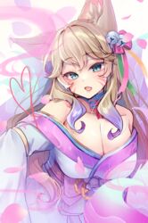  ahri_(league_of_legends) animal_ear_fluff animal_ears bell blue_hair blush breasts brown_hair cleavage collarbone commentary_request facial_mark female fox_ears gradient_hair grey_background hair_bell hair_ornament heart highres japanese_clothes jingle_bell kimono large_breasts league_of_legends long_hair long_sleeves looking_at_viewer momoirone multicolored_hair obi oerba_yun_fang off_shoulder open_mouth petals sash simple_background sleeves_past_wrists solo spirit_blossom_ahri very_long_hair whisker_markings white_kimono 