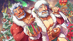  2boys abs absurdres ahoge annotated aurora bacchus_(f-kare) bara beard blush brown_eyes bunta_ru christmas christmas_ornaments christmas_present christmas_tree christmas_wreath commentary_request dark-skinned_male dark_skin dionys_(f-kare) facial_hair fafnir_(f-kare) gift gordon_(f-kare) green_eyes green_male_underwear happy_holidays heart highres hug hug_from_behind interracial jormungandr_(f-kare) large_pectorals looking_at_viewer male_focus male_underwear merry_christmas multiple_boys muscular muscular_male nidhogg_(f-kare) one_eye_closed orgus_(f-kare) partial_commentary pectorals protagonist_(f-kare) santa_costume short_hair shoukan_yuusha_to_f-kei_kareshi snowflakes sol_(f-kare) thick_eyebrows underwear upper_body white_hair wreath yaoi 