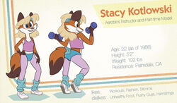  80&#039;s_theme accessory aerobics canid canine clothing english_text exercise female footwear fox headband leg_warmers legwear mammal model_sheet shoes sneakers sonderjen spandex stacy_kotlowski text tight_clothing weights workout 