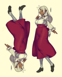  absurdres antenna_hair blush breasts character_name closed_eyes dark_skin female high-waist_skirt highres long_hair long_skirt multiple_views namaniku_atk photoshop_(medium) pointy_ears puffy_sleeves rotational_symmetry sansei_muramasa skirt soukou_akki_muramasa w white_hair white_legwear yellow_eyes 