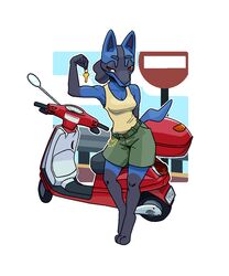  5:6 anthro anthrofied border bottomwear clothed clothing digitigrade female generation_4_pokemon gloves_(marking) hi_res key leg_markings lucario markings moped motorcycle nintendo pashoo pokemon pokemon_(species) red_eyes shirt shorts socks_(marking) solo tank_top topwear vehicle white_border 