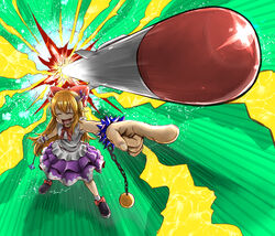  amatou_rn-go bad_id bad_nicoseiga_id ball_and_chain_restraint black_footwear bow bracelet chains clenched_hand closed_eyes commentary_request cookie_(touhou) facing_viewer false_smile female footwear_bow full_body green_background hairbow highres horn_bow horn_ornament horns ibuki_suika jewelry korean_commentary long_hair missile neckerchief oni open_mouth orange_hair pointing purple_bow purple_skirt pyramid_(geometry) red_bow red_neckerchief ribbon shirt shoes sidelocks skirt sleeveless sleeveless_shirt smile socks solo spiked_bracelet spikes standing torn_clothes torn_sleeves touhou very_long_hair white_shirt white_socks wrist_cuffs yuyusu_(cookie) 