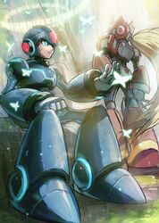  2boys android armor back_turned blonde_hair blue_armor bug butterfly clenched_hand closed_mouth commentary glowing hand_on_own_hip helmet highres hoshi_mikan light_particles looking_at_viewer looking_back male_focus mega_man_(series) mega_man_x_(series) multiple_boys outdoors ponytail red_armor robot shadow sitting sparkle standing teppen tree x_(mega_man) zero_(mega_man) 