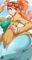  aqua_eyes aqua_nails aqua_shirt artist_logo artist_name ass bayeuxman breasts brown_coat coat covered_nipples eyewear_on_head female hair_ornament heart heart_hair_ornament highres huge_breasts large_breasts orange-tinted_eyewear orange_hair paid_reward_available pokemon pokemon_swsh ribbed_shirt shirt side_ponytail sonia_(pokemon) sunglasses thighs tinted_eyewear 