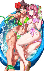  2girls :d amano_megumi amano_megumi_wa_suki_darake! aqua_eyes arm_up ass asymmetrical_docking bikini black_hair blue_eyes blue_scrunchie blush breast_press breasts cleavage dark-skinned_female dark_skin earrings flower foreshortening front-tie_bikini_top front-tie_top fujishiro_yukino green_bikini hair_between_eyes hair_flower hair_ornament hair_scrunchie hand_up hibiscus high_ponytail highres holding holding_water_gun hose jewelry light_blush long_hair looking_at_viewer lying multiple_girls nail_polish navel necklace nekoguchi oerba_yun_fang on_back on_side open_mouth parted_lips partially_submerged pink_bikini pink_hair pink_nails polka_dot polka_dot_scrunchie ponytail reaching reaching_towards_viewer red_flower sandals scrunchie side-tie_bikini_bottom sidelocks simple_background skindentation smile stomach sunglasses swimsuit underboob wading_pool water water_gun white-framed_eyewear white_background wide_hips 