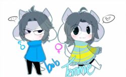  anthro bob_(undertale) canid canine clothed clothing duo felid feline female fur hair male mammal simple_background tem temmie_(undertale) text topwear undertale undertale_(series) white_body white_fur 