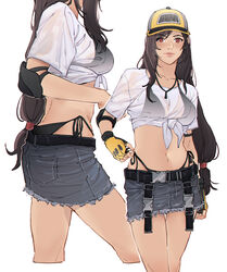  baseball_cap bikini bikini_under_clothes black_bikini black_hair brown_eyes crop_top cropped_legs elbow_pads female final_fantasy final_fantasy_vii final_fantasy_vii_ever_crisis fingerless_gloves frayed_skirt front-tie_top gloves hat highres long_hair looking_at_viewer low-tied_long_hair miniskirt official_alternate_costume pudelmudel see-through see-through_shirt shirt side-tie_bikini_bottom single_elbow_pad skirt smile solo swimsuit tifa_lockhart tifa_lockhart_(lifeguard) 