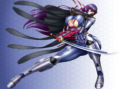  akiyama_rinko blue_bodysuit bodysuit breasts clothing_cutout female fishnets highres holding holding_sword holding_weapon impossible_bodysuit impossible_clothes katana large_breasts mechanical_arms nikozes ninja purple_eyes purple_hair single_mechanical_arm skin_tight solo sword taimanin_(series) taimanin_rpgx underboob_cutout unsheathed weapon 