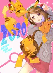  2020 :3 atsumi_jun backpack bag brown_bag brown_eyes brown_hair chinese_zodiac detective_pikachu detective_pikachu_(character) detective_pikachu_(movie) female gloria_(pokemon) green_headwear grey_hoodie hand_up happy_new_year hat holding holding_poke_ball holding_pokemon hood hood_down hoodie long_sleeves miniskirt new_year open_mouth pikachu pink_skirt poke_ball poke_ball_(basic) pokemon pokemon_(creature) pokemon_swsh short_hair skirt wrinkled_frown_(detective_pikachu) year_of_the_rat 