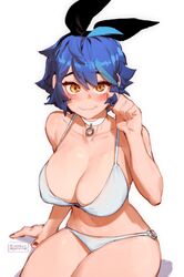  ahoge bare_arms bare_shoulders bikini black_hairband black_ribbon blue_hair blush borrowed_character breasts cleavage closed_mouth commentary dif_(difman) female hair_between_eyes hair_ribbon hairband hand_up kollerss large_breasts looking_at_viewer multicolored_hair o-ring o-ring_bikini o-ring_bottom orange_eyes original ribbon shadow simple_background sitting smile solo streaked_hair swimsuit white_background white_bikini 