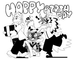  anthro birthday_gift bow_ribbon box cait_sith_(tas) canid canine canis container domestic_cat english_text felid feline felis gift_box group jackal lifewonders line_art male mammal monochrome present_box samoi_chan seth_(tas) sitri_(tas) smile text tokyo_afterschool_summoners trio 