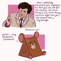  1:1 anthro bodily_fluids brown_body cigar clothed clothing columbo columbo_(series) crossover curled_hair dialogue duo english_text hair hi_res holding_cigar holding_object human humor i_know_he_ate_a_cheese jerry_mouse male mammal meme metro-goldwyn-mayer mouse murid murine narrowed_eyes necktie nervous pawpads pink_inner_ear rodent shirt squint suit sweat text tom_and_jerry topwear travessao_arte whiskers 