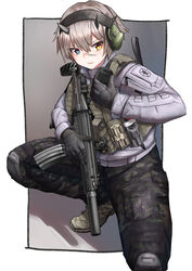  absurdres ammunition_pouch assault_rifle blonde_hair blue_eyes brown_footwear bulletproof_vest camouflage camouflage_pants ear_protection female fn_scar fn_scar_16 full_body gun headset heterochromia highres holding holding_weapon horns military on_one_knee open_mouth optical_sight original pants pouch rifle scar short_hair solo suppressor tactical_clothes tourniquet utsucan walkie-talkie weapon yellow_eyes 