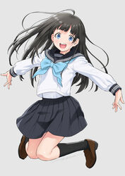  :d akebi-chan_no_serafuku akebi_komichi black_hair black_sailor_collar black_skirt black_socks blue_bow blue_bowtie blue_eyes blue_neckerchief blunt_bangs bow bowtie brown_footwear commentary female grey_background highres jumping kazuma_muramasa kneehighs loafers long_hair long_sleeves looking_at_viewer midair neckerchief open_mouth outstretched_arms pleated_skirt roubai_academy_school_uniform_(old) sailor_collar school_uniform serafuku shirt shoes simple_background skirt smile socks solo spread_arms striped_clothes striped_socks teeth upper_teeth_only vertical-striped_clothes vertical-striped_socks white_shirt 