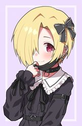  belt black_bow black_dress black_mask black_ribbon black_surgical_mask blonde_hair blush bow choker collared_dress commentary dress ear_piercing earrings female flat_chest frilled_sleeves frills hair_over_one_eye hairbow halulu highres idolmaster idolmaster_cinderella_girls jewelry lolita_fashion long_sleeves looking_at_viewer mask mask_around_neck mask_pull mouth_mask piercing purple_background red_eyes ribbon ring shirasaka_koume short_hair smile solo surgical_mask upper_body 