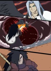  1_wing armor black_bars black_hair cloudy_(disambiguation) collision crossover desert droll3 duel duo final_fantasy final_fantasy_vii hair hair_over_eye hi_res human letterbox madara_uchiha male mammal melee_weapon meteor meteorite naruto not_furry one_eye_obstructed red_sky rinnegan sephiroth_(final_fantasy_vii) silver_hair sky square_enix sword wasteland weapon wings 