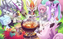  :d apple artist_name aspear_berry bad_id bad_pixiv_id berry_(pokemon) buttons cardigan cheri_berry cinderace clefable clumeal collared_dress cooking cooking_pot curry dress drooling eiscue eiscue_(ice) fanning female fire food fruit galarian_rapidash gloria_(pokemon) golisopod grass grey_cardigan hat hawlucha highres holding holding_ladle ladle long_sleeves mushroom open_mouth outdoors pink_eyes pink_hair pokemon pokemon_(creature) pokemon_swsh pom_pom_(clothes) rock rotom rotom_phone saliva short_hair smile sparkle spring_onion standing steam tam_o&#039;_shanter tamato_berry tent white_dress white_headwear wristband 