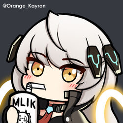  bendy_straw black_jacket blush character_print chibi choker commentary counter:side cup double_halo drinking drinking_straw drinking_straw_in_mouth female glowing grey_background grey_hair hair_ornament halo hilde_(counter:side) holding holding_cup jacket long_hair necktie orange_crayon! pentagon_(shape) portrait red_necktie solo twitter_username typo yellow_eyes 