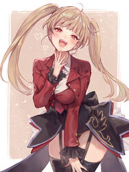  :d ahoge asmodeus_(umineko) black_leotard black_skirt black_thighhighs blazer blonde_hair blush border breasts brown_background buttoned_cuffs buttons collared_shirt commentary cowboy_shot fangs female frilled_sleeves frills garter_straps heart jacket large_breasts leaning_forward leotard long_hair long_sleeves looking_at_viewer medium_bangs necktie open_clothes open_jacket open_mouth outside_border pbj_(gelgelpbj) red_eyes red_jacket red_necktie shirt showgirl_skirt skirt smile solo splatter_background stakes_of_purgatory standing thighhighs thighs twintails umineko_no_naku_koro_ni white_border white_shirt 