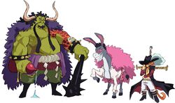  3boys absurdres arm_tattoo armlet beard black_coat black_hair bottle capri_pants coat colored_skin cosplay cross cross_necklace crossover cyberlord1109 donkey donkey_(shrek) donquixote_doflamingo donquixote_doflamingo_(cosplay) dracule_mihawk dracule_mihawk_(cosplay) earrings facial_hair feline fur_coat furry green_skin grin hat_feather highres holding holding_bottle horns jewelry kaidou_(one_piece) kaidou_(one_piece)_(cosplay) male_focus moustache multiple_boys necklace ogre one_piece pants puss_in_boots_(shrek) rope sake_bottle scar scar_on_stomach shimenawa shirt shrek shrek_(series) skull smile spiked_armlet sunglasses sword sword_behind_back tattoo teeth topless_male weapon white_background white_shirt 