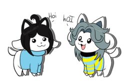  alpha_channel amberlea-draws ambiguous_gender bob_(undertale) canid canine clothed clothing duo felid feline hair mammal open_mouth tem temmie_(undertale) topwear undertale undertale_(series) white_body 