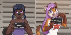  2023 2:1 annie_(brian_mcpherson) anthro barbie_and_ken_mugshot_meme beaver black_nose braided_hair brian_mcpherson brown_body brown_fur brown_markings brown_tail_tip clothing countershade_armpits countershade_face countershading dipstick_tail domestic_cat duo ear_piercing ear_ring english_text felid feline felis female fur gloves_(marking) hair mammal markings mugshot orange_body orange_fur piercing pink_eyes pink_nose purple_clothing purple_eyes purple_hair purple_shirt purple_tank_top purple_topwear ring_piercing rodent shirt something_(brian_mcpherson) spaghetti_straps tail tail_markings tank_top text topwear white_body white_countershading white_fur 