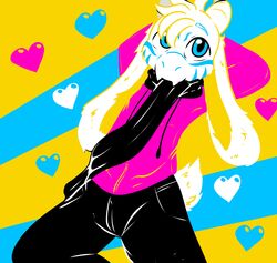  2023 absurd_res anthro biped black_bottomwear black_clothing black_pants black_scarf blue_background blue_body blue_eyes blue_fur blue_heart blue_markings boss_monster_(undertale) bottomwear bovid caprine cartoon_network_palette_challenge clothed clothed_anthro clothed_male clothing cmyk digital_media_(artwork) drawstring drawstring_clothing drawstring_sweater drawstring_topwear eyebrows facial_markings fully_clothed fully_clothed_anthro fully_clothed_male fur fur_markings goat hair hands_behind_head head_markings heart_symbol hi_res long_ears male male_anthro mammal markings neon pancakes_(biofreak) pants pattern_background pink_clothing pink_heart pink_sweater pink_topwear restricted_palette scarf simple_background solo striped_background sweater tail tail_tuft topwear tuft undertale undertale_(series) white_body white_ears white_eyebrows white_face white_fur white_hair white_heart white_tail yellow_background yosshidoragon 