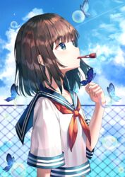  artist_name blowing_bubbles blue_butterfly blue_eyes blue_sky blush brown_hair bubble bug butterfly butterfly_on_hand chain-link_fence cloud collarbone crop_top day female fence flat_chest hand_up highres looking_up md5_mismatch medium_hair mouth_hold neckerchief original outdoors ruda_(ruda_e) sailor_collar school_uniform serafuku shirt shirt_overhang short_sleeves sky solo sunlight upper_body white_shirt 