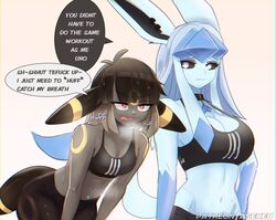  2girls animal_ears asekeu bike_shorts black_collar black_hair black_sclera black_skin black_sports_bra blue_hair blue_skin breasts cleavage collar colored_sclera colored_skin commentary english_commentary english_text furry furry_female glaceon highres large_breasts light_blue_hair long_hair medium_hair medium_support_(meme) meme multiple_girls navel open_mouth patreon_username personification pokemon profanity red_eyes simple_background small_breasts sound_effects speech_bubble sports_bra standing strap_gap umbreon watermark web_address white_background white_eyes 