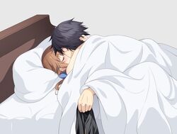  1boy bed black_shirt blue_bow blue_hair bow brown_hair closed_eyes commentary eiyuu_densetsu female hakuleg kissing lying on_back pillow rean_schwarzer sen_no_kiseki sen_no_kiseki_iii shirt short_hair simple_background straight symbol-only_commentary towa_herschel under_covers undressing_another unworn_shirt 