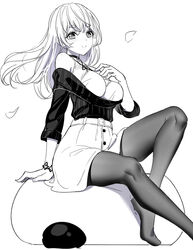  arm_support bare_shoulders blush breasts closed_mouth commentary_request feet_out_of_frame female floating_hair greyscale hair_between_eyes hand_up large_breasts long_hair long_sleeves monochrome no_shoes off-shoulder_sweater off_shoulder original pantyhose petals ririko_(zhuoyandesailaer) saegusa_futaba shirt simple_background sitting skirt sleeveless sleeveless_shirt smile solo sweater thick_eyebrows white_background 