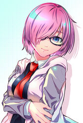  black-framed_eyewear black_dress blue_background blue_eyes closed_mouth collared_dress commentary_request dotted_background dress fate/grand_order fate_(series) female gradient_background grey_jacket grey_sleeves hair_over_one_eye highres hood hooded_jacket jacket long_sleeves looking_at_viewer mash_kyrielight monge_baby necktie open_clothes open_jacket partial_commentary pink_hair pink_jacket red_necktie shadow short_hair smile solo standing upper_body white_background wing_collar 