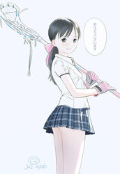  ass black_eyes black_hair blue_skirt commentary_request female from_side gloves grey_background highres kokudou_juunigou lacrosse lacrosse_stick long_hair looking_at_viewer miniskirt original panties panty_peek pink_gloves plaid plaid_skirt ponytail ribbon shirt short_sleeves simple_background skirt smile solo thighs translated underwear white_shirt 