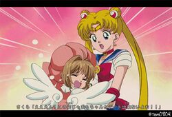  2girls bishoujo_senshi_sailor_moon blonde_hair blue_eyes blue_sailor_collar brown_hair cardcaptor_sakura choker company_connection crescent crescent_earrings crossover crying double_bun earrings fake_screenshot gradient_background hair_bun hat hug jewelry kinomoto_sakura kodansha letterboxed long_hair looking_down magical_girl multiple_girls nakayoshi open_mouth sailor_collar sailor_moon sailor_senshi_uniform tadano_kazuko_(style) tam_(tam0804) tsukino_usagi twintails twitter_username upper_body 