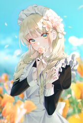  apron black_dress blonde_hair blue_sky blurry blurry_background blush buri_(retty9349) closed_mouth commentary dress female flower green_eyes hair_flower hair_ornament head_tilt highres holding holding_flower long_hair long_sleeves looking_at_viewer maid maid_apron maid_headdress original outdoors plant sky smile solo standing symbol-only_commentary 