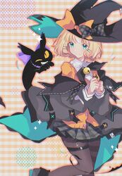  04530 bell black_bow black_footwear black_jacket black_pantyhose blonde_hair blue_eyes bow feline female hat highres jacket lucie_(millie_parfait) millie_parfait neck_bell nijisanji nijisanji_en off_shoulder orange_sweater pantyhose short_hair smile solo sweater thigh_strap virtual_youtuber witch_hat 