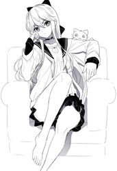  @_@ animal armchair bare_legs barefoot bow chair choker closed_mouth collarbone feet feet_out_of_frame feline female greyscale hair_between_eyes hairbow hand_up jacket knee_up light_frown long_sleeves looking_at_viewer monochrome on_chair open_clothes open_jacket original pleated_skirt ririko_(zhuoyandesailaer) saegusa_riko shirt simple_background sitting skirt sleeves_past_wrists solo toes v-shaped_eyebrows white_background 