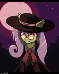  alucard_(hellsing) bat_pony black_bars blood_moon crossover droll3 equid equine female flutterbat_(mlp) fluttershy_(mlp) friendship_is_magic grin hasbro hellsing hellsing_ultimate hi_res horse letterbox mammal my_little_pony pony red_eyes ribbons smile smiling_at_viewer solo vampire vampire_hunter 