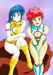  1980s_(style) 2girls blue_hair boots breasts cleavage closed_mouth crop_top dark-skinned_female dark_skin dirty_pair earrings gloves headband jewelry kei_(dirty_pair) long_hair looking_at_viewer midriff multiple_girls open_mouth red_hair retro_artstyle rx92 short_hair smile yuri_(dirty_pair) 