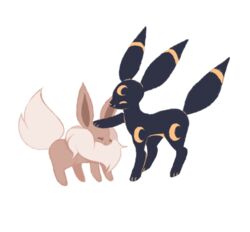  ^_^ bad_id bad_tumblr_id charamells closed_eyes closed_mouth commentary eevee english_commentary facing_another full_body happy headpat no_humans pokemon pokemon_(creature) simple_background smile standing standing_on_three_legs umbreon white_background 