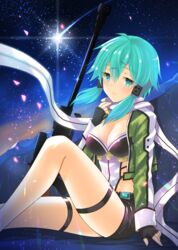  aqua_eyes aqua_hair black_gloves black_shorts breasts commentary_request female fingerless_gloves gloves gun hair_between_eyes hair_ornament hairclip highres large_breasts looking_at_viewer night rifle scarf short_hair short_shorts shorts sinon sitting sky sniper_rifle solo star_(sky) starry_sky sword_art_online uonuma_yuu weapon 