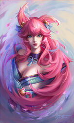  absurdres ahri_(league_of_legends) animal_ear_fluff animal_ears bare_shoulders bell breasts cleavage facial_mark female fox_ears fox_girl green_kimono hair_bell hair_ornament highres japanese_clothes kimono large_breasts league_of_legends long_hair looking_at_viewer petals pink_hair ribbon signature smile solo spirit_blossom_(league_of_legends) spirit_blossom_ahri wang_bu_chou whisker_markings 